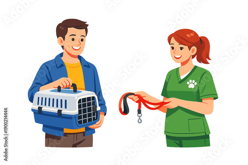 Man brings pet carrier to veterinarian office to meet with staff for pet examination and care during routine visit in the afternoon