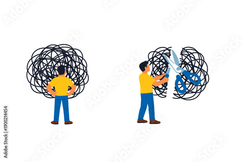 Man stands with tangled lines behind him while he cuts the lines with scissors in a simple scene showing the action of untangling