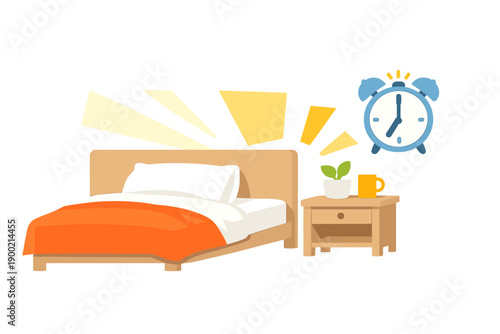 Morning scene in a bedroom with a bed, alarm clock, and nightstand featuring a plant and a cup