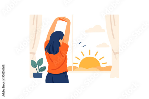 Woman stretches in front of window as sun rises over landscape with clouds and birds in the morning