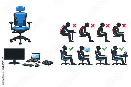 Ergonomic setup for office workers showing proper and improper sitting positions with an ergonomic chair in an office environment
