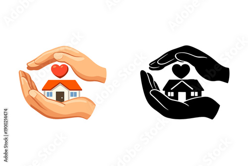 Hands hold hearts and houses symbolizing care for homes and community values in a simple design taken from a graphic art perspective