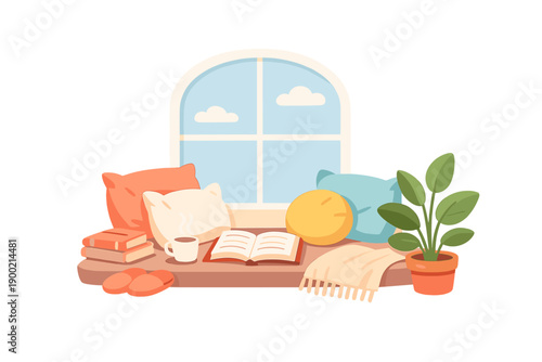 Cozy reading nook with cushions, books, and a plant near a window on a sunny day