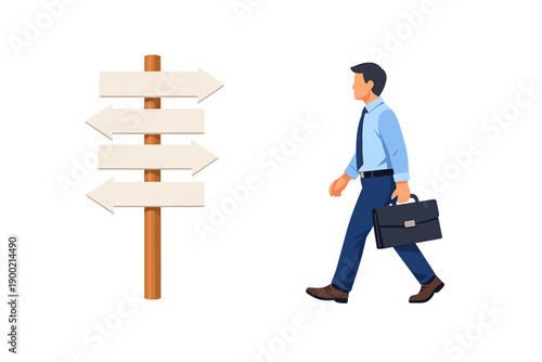 Business person walks in a direction with a briefcase near a wooden signpost showing multiple directions