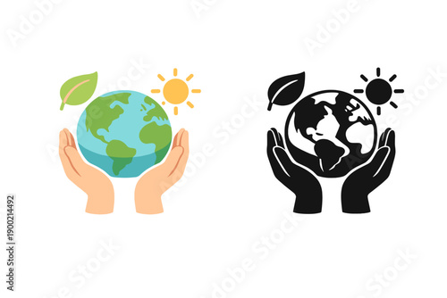 Two hands hold the Earth with sun and leaves in a simple design showing care for the planet and nature in a plain style