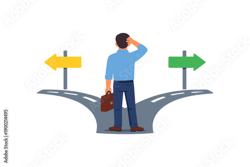 Man stands at crossroads thinking about choices with business briefcase in hand on a sunny day