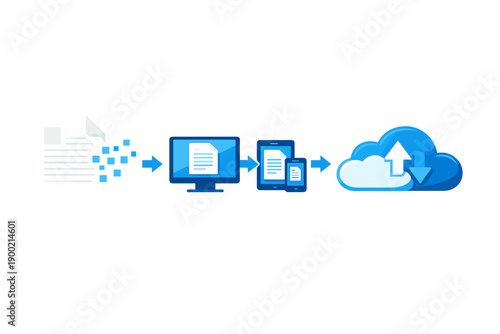 Steps for digitizing documents and accessing them on various devices before cloud storage, showing a clear process of conversion and upload for easy access