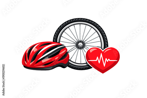 Bicycle gear with helmet, wheel, and heart symbol promoting fitness and safety while cycling