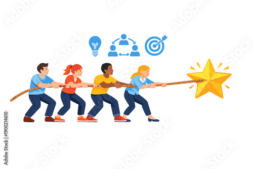 Team members pull together to reach a common goal during a teamwork exercise in a creative workspace setting