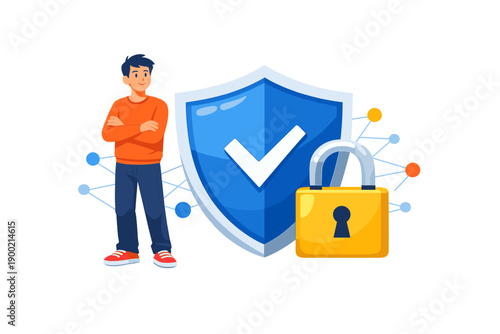 Man stands by a large blue shield with a check mark next to a yellow padlock, representing security and protection in a digital environment