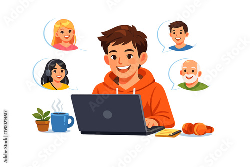 Young person works on laptop at home while talking to friends in online video chat with coffee and plant on the table during daytime