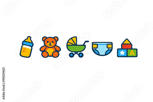 Fun baby items for newborn care and play time including a bottle, teddy bear, stroller, diaper, and building blocks in a colorful design
