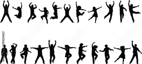 Collection of Active People Silhouettes Jumping Dancing and Celebrating in Joyful Poses for Party Event Fitness and Dynamic Community Celebration Vector Design
