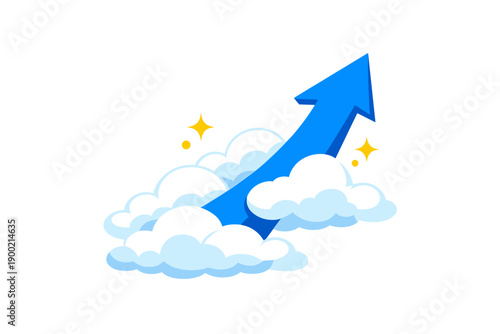 Blue arrow pointing upwards through clouds during daytime showing progress and positivity in a conceptual style