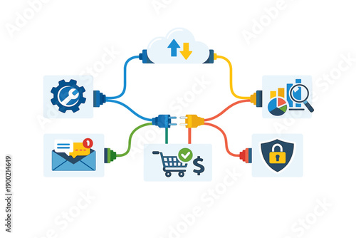 Cloud technology connects tools, data, and security features for email, shopping, analysis, and monitoring in a digital workspace