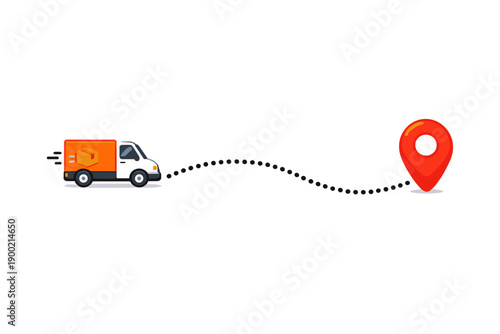 Delivery truck moving towards a location pin in a simple and clear design, representing logistics and transportation services in action at any time