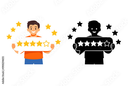 Two young people holding feedback signs with stars, one in bright colors and the other in dark shades