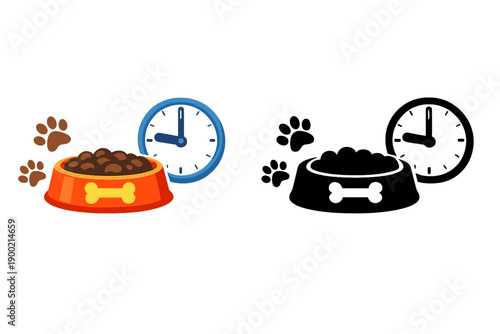 Dog feeding bowls with food, clock, and paw prints showing feeding time and preparation for pets in a simple home setting