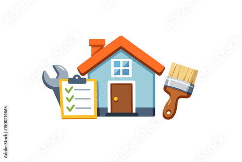 Home improvement tasks with tools and materials for maintenance and repair activities in a home setting