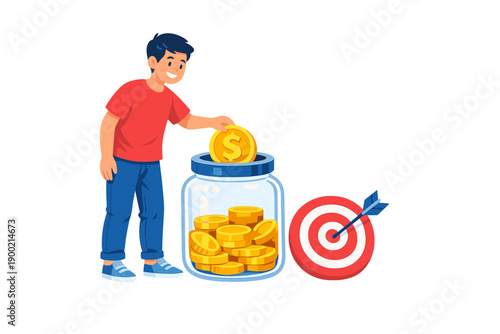 Young person saves coins in a jar while aiming for a target, showing goal setting and saving money