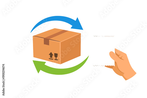 Box with arrows showing return process and hand opening package with tool in a simple design