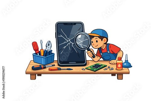 Young boy repairs smartphone screen at workbench with tools and equipment in a well-lit room during the day