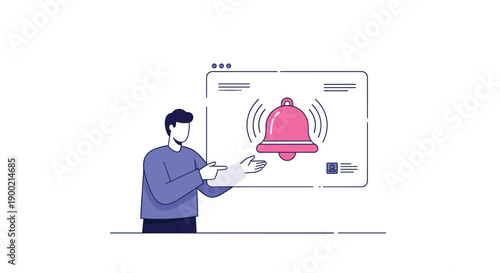 Man pointing at a web browser interface displaying a large pink ringing bell, symbolizing online notifications.