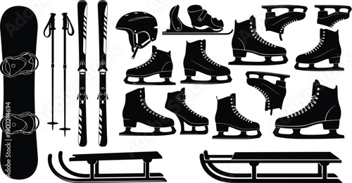 Winter Sports Equipment Silhouette Collection Featuring Skis Snowboard Ice Skates Sleds and Protective Gear for Outdoor Cold Weather Recreational Activities Set