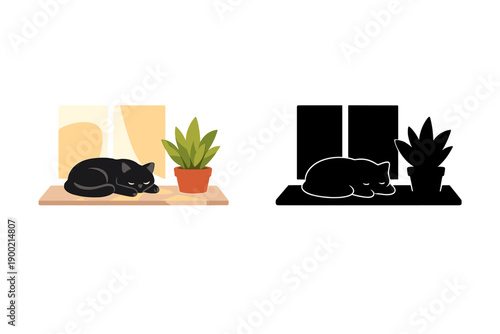 Cat sleeps on a windowsill next to a potted plant in a bright room during the day