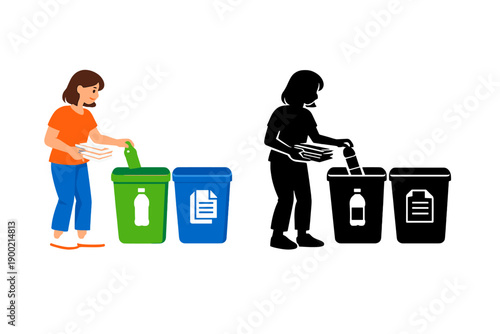Woman recycling items in a community setting with two bins labeled for paper and plastic during the day