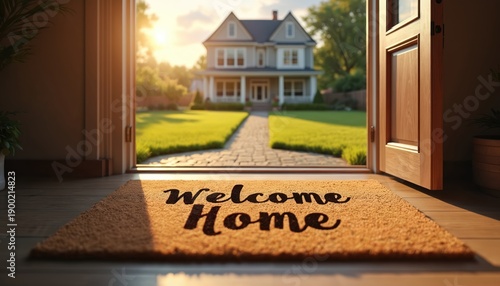 Entrance mat with Welcome Home text at front door of new house. Open doorway reveals sunny green lawn and suburban residence. Milestone moment for new homeowners.