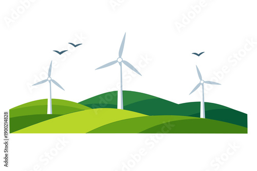 Wind turbines stand on green hills under a clear sky with birds flying in the distance showcasing renewable energy in nature
