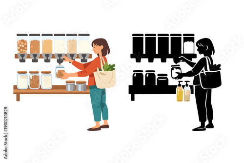 Woman shopping at a bulk food store in a sustainable way, filling a container with grains and other items in a bright store