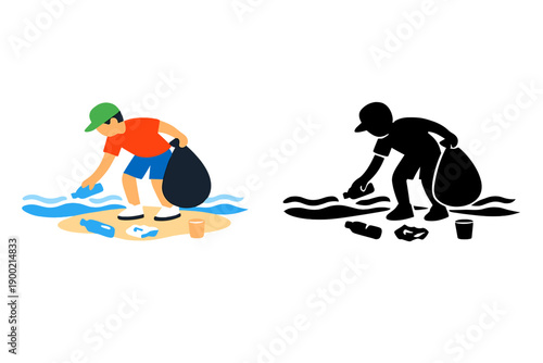 Child picks up trash from a beach while a shadow figure shows a similar action in a simple design