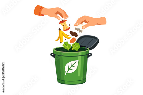People throw food scraps into a green compost bin in a kitchen setting during a bright afternoon to support recycling and reduce waste in their home