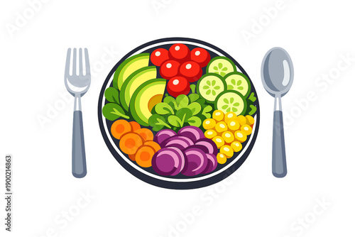 Colorful salad bowl with various vegetables and fruits placed on a table with utensils ready for eating