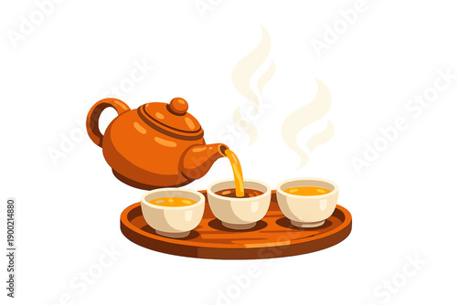 Hot tea is poured from a teapot into three cups arranged on a wooden tray in a simple setting