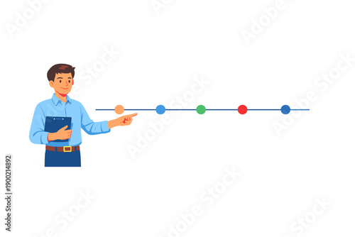 Man points at colored circles in a straight line while holding a clipboard in an office setting during daytime
