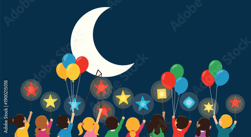 Back view of many children holding star shaped lanterns and colorful balloons looking up at large white crescent moon in dark blue night background