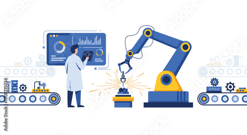 Engineer in lab coat supervising an advanced robotic arm on a manufacturing conveyor belt with production data screens.