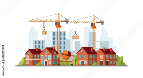 Completed residential development with brick houses, construction cranes, and a cement mixer truck against city skyline.