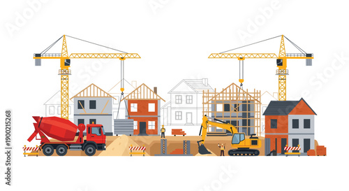 Active construction site featuring houses in various stages of building, cranes, excavator, cement truck and workers.