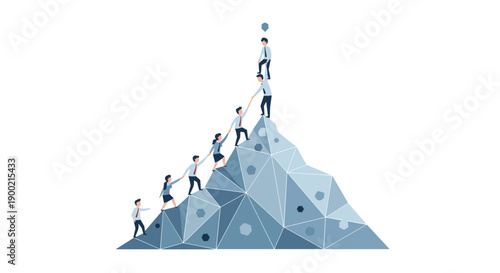 Diverse business team collaboratively climbing a challenging geometric mountain, symbolizing teamwork and shared