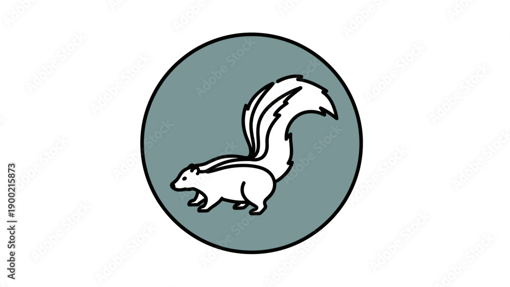 Obraz premium A skunk illustration enclosed in a teal circle on white background. Black outlines used