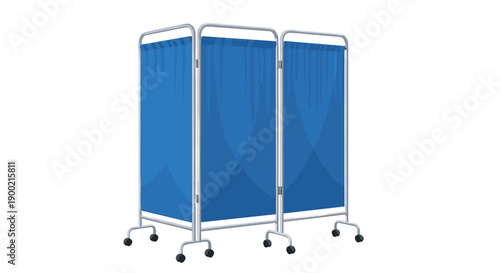 Functional portable three-panel medical screen with blue fabric panels on wheels for patient privacy.