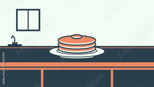 A stylized kitchen scene shows pancakes on a plate, sink, window, and counter details