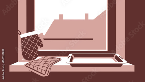 A window sill with kitchen items against a muted backdrop, and a view