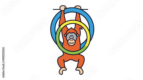 A cartoon orangutan hangs from a blue hoop, clutching a green and yellow one. Cartoon style
