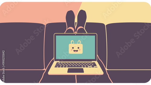 Laptop with a cartoon character on screen, feet up on sofa
