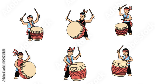 Six people in traditional attire energetically performing rhythmic music on large folk drums.